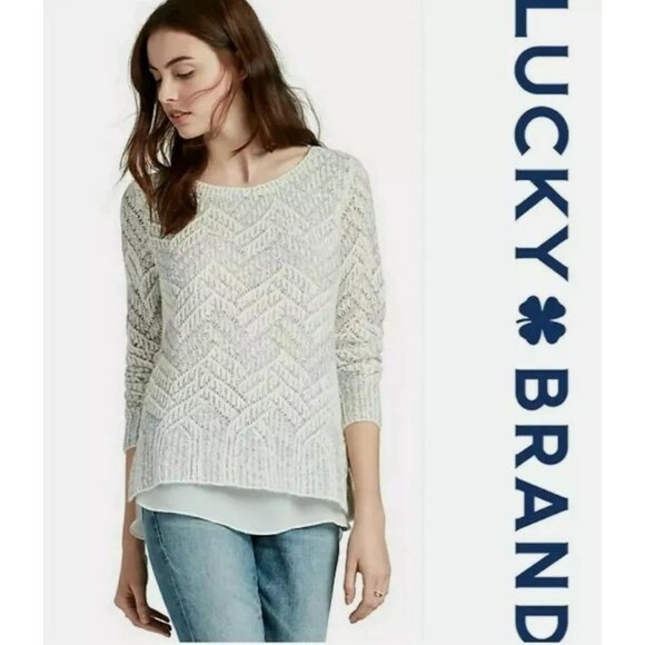 Lucky‎ Brand Cream Chevron Shine Layered Pull Over Sweater size L Large Crochet - Picture 2 of 5